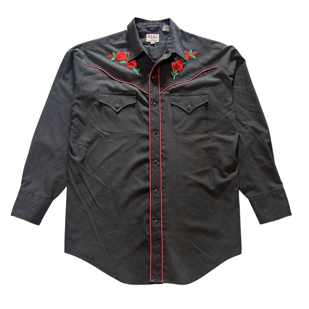 ELY Diamond Black Western Shirt Red Rose Embroidery Snap Button Cowboy